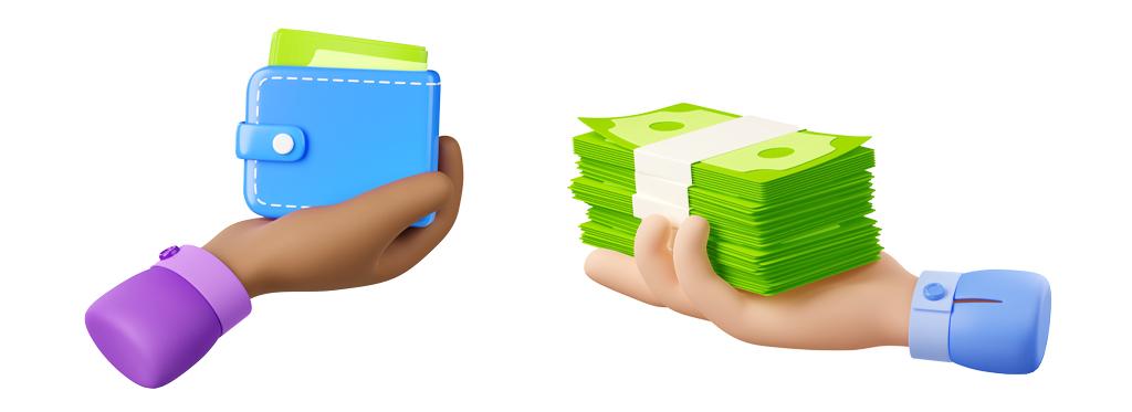Imágen 3d de dos manos masculinas. La mano del lado izquierdo sostiene una billetera color azul y la mano en el lado derecho sostiene una pila de dinero en billetes.
